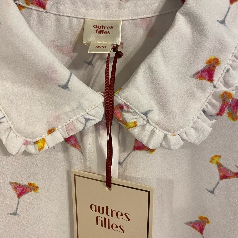 Autres Filles Novelty Martini Cocktail Print Flowy Feminine Blouse Size M *NWT* - Picture 2 of 8